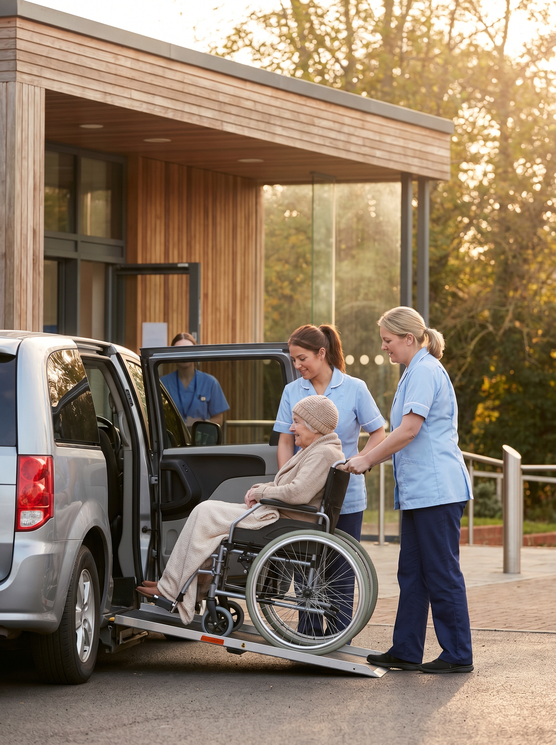 Professional driver assisting patient